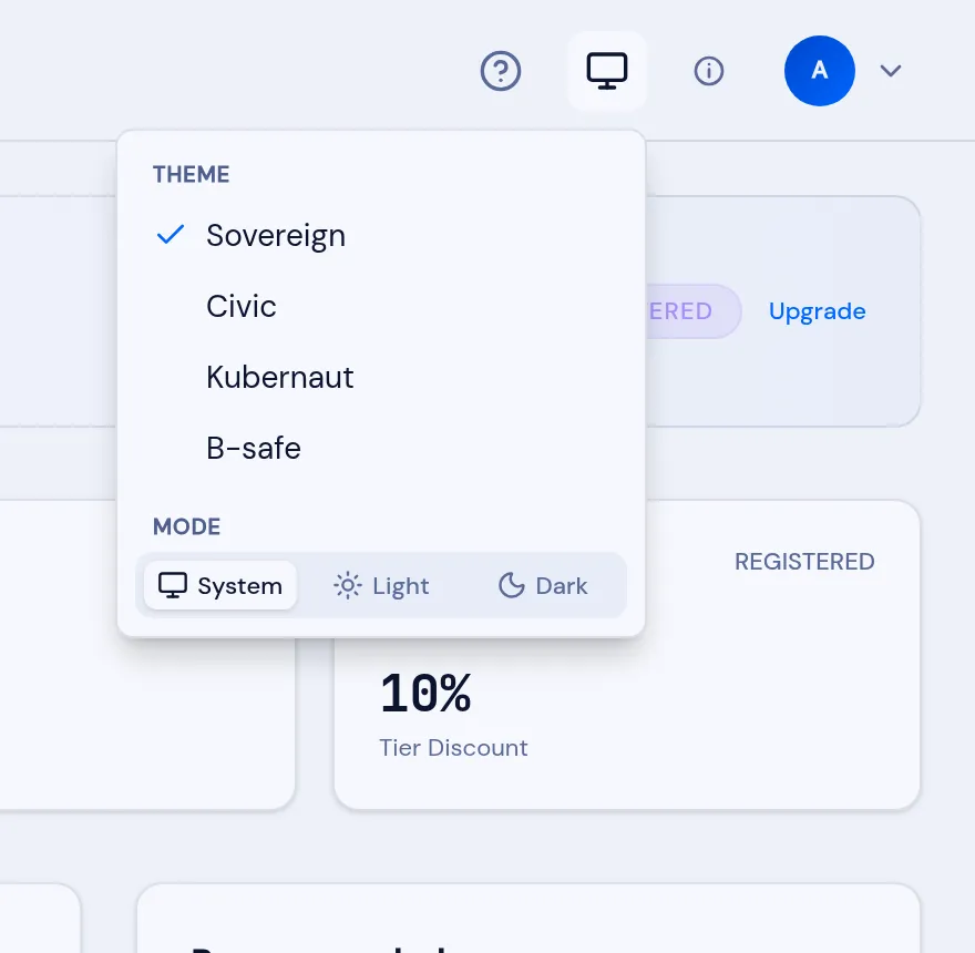 The Appearance menu: Theme — Sovereign, Civic, Kubernaut, B-safe — and Mode — System, Light, Dark