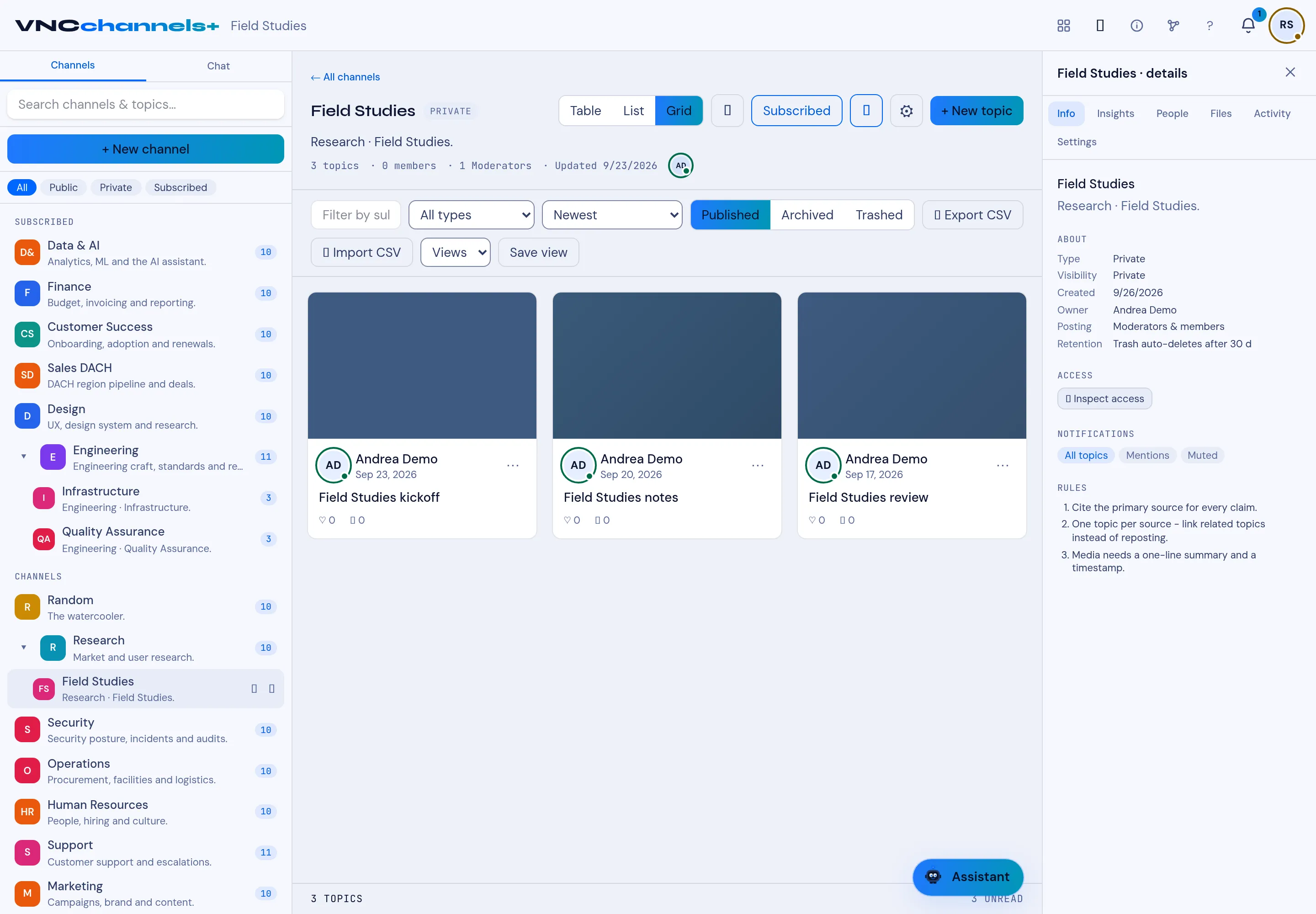 A channel in Grid view with the filter bar and Details rail