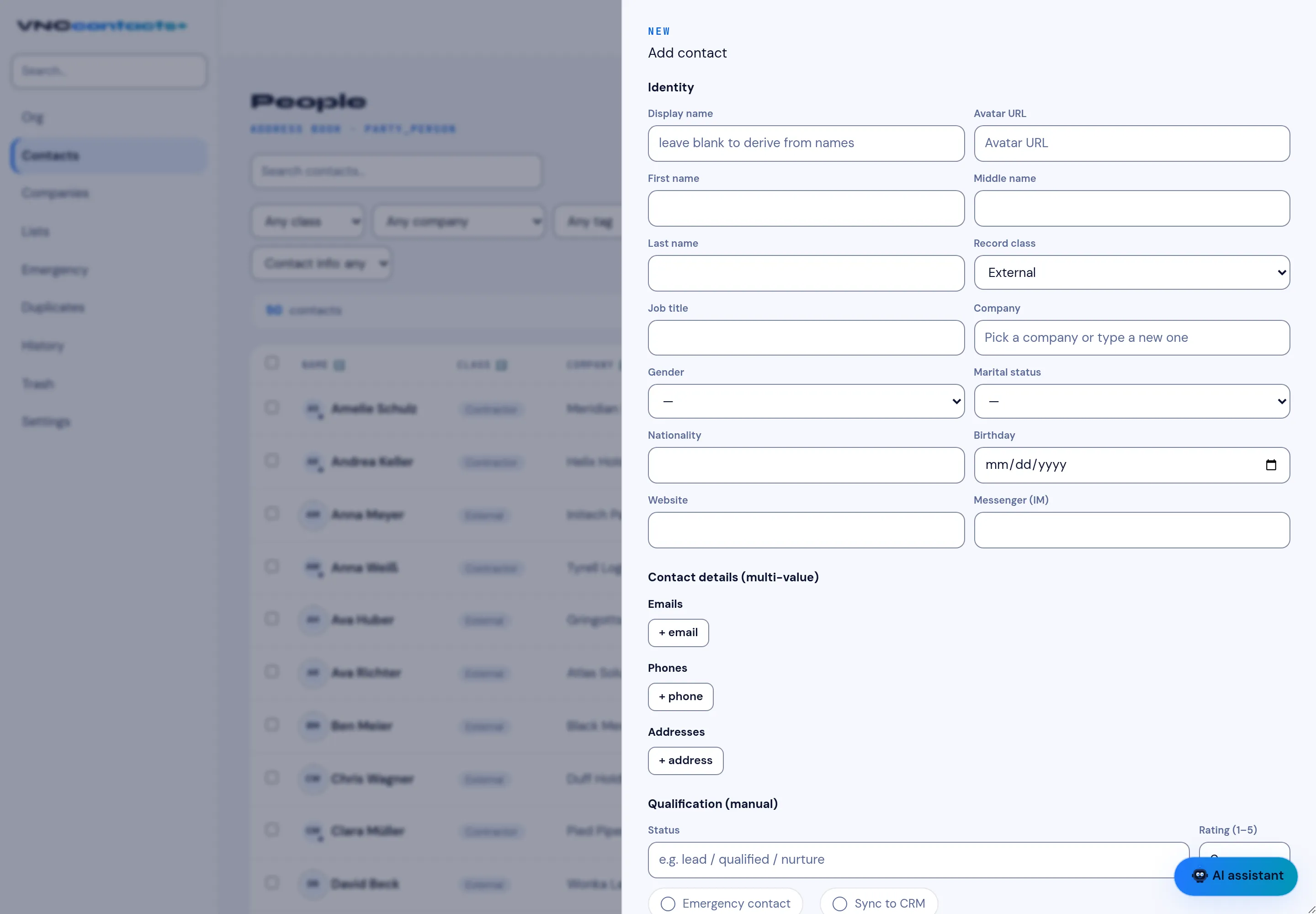 The Add contact drawer, with Identity, contact details and qualification
