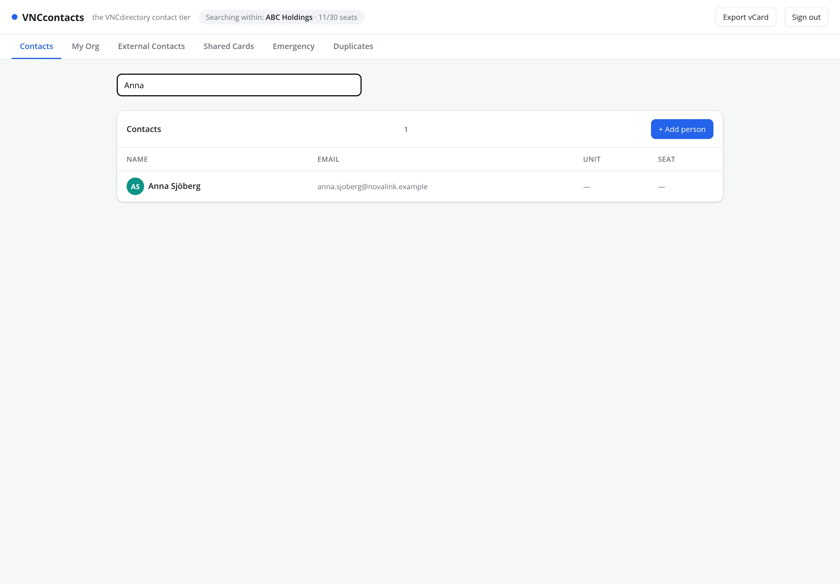 The VNCcontacts list with scope tabs and search