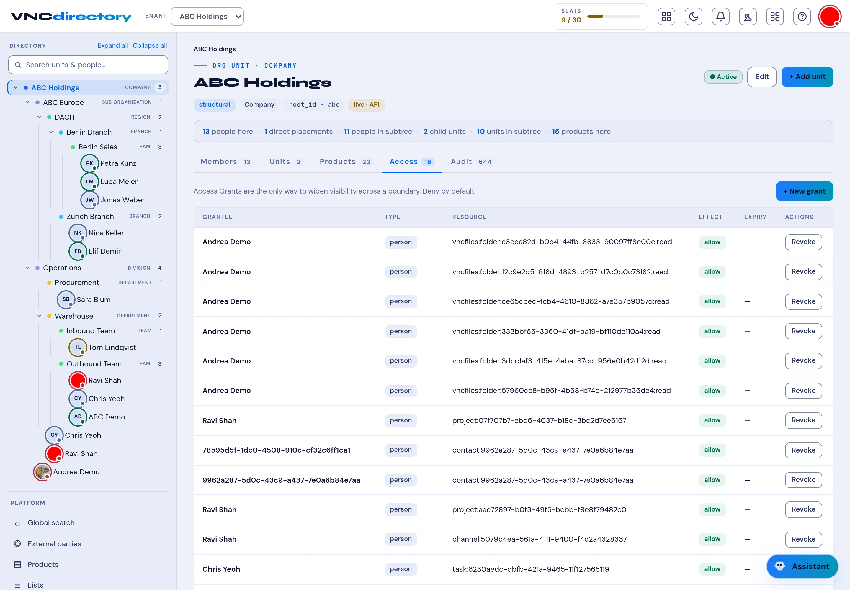 The Access tab listing grants with grantee, resource, effect and expiry