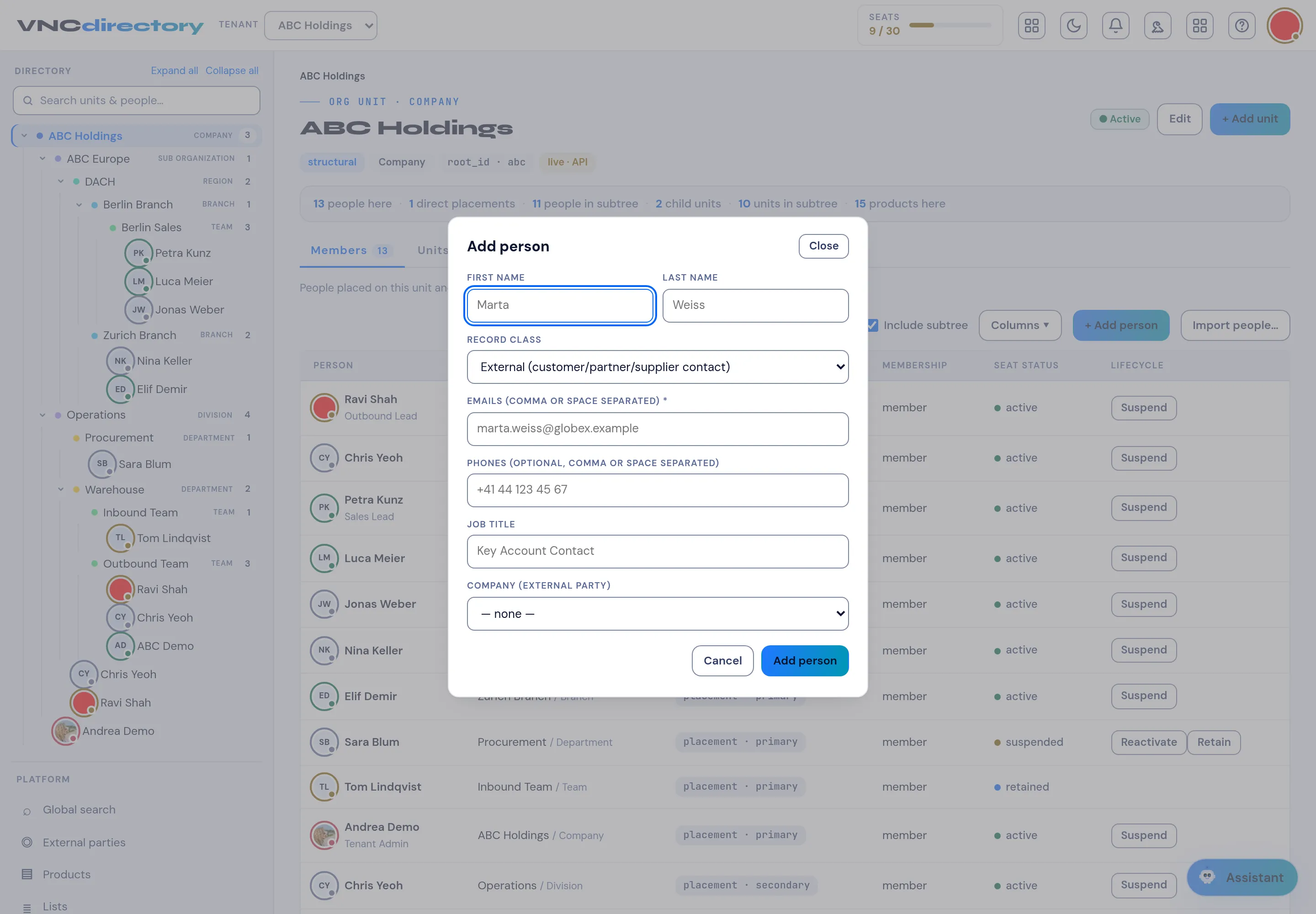 The Add person dialog with record class, emails and job title
