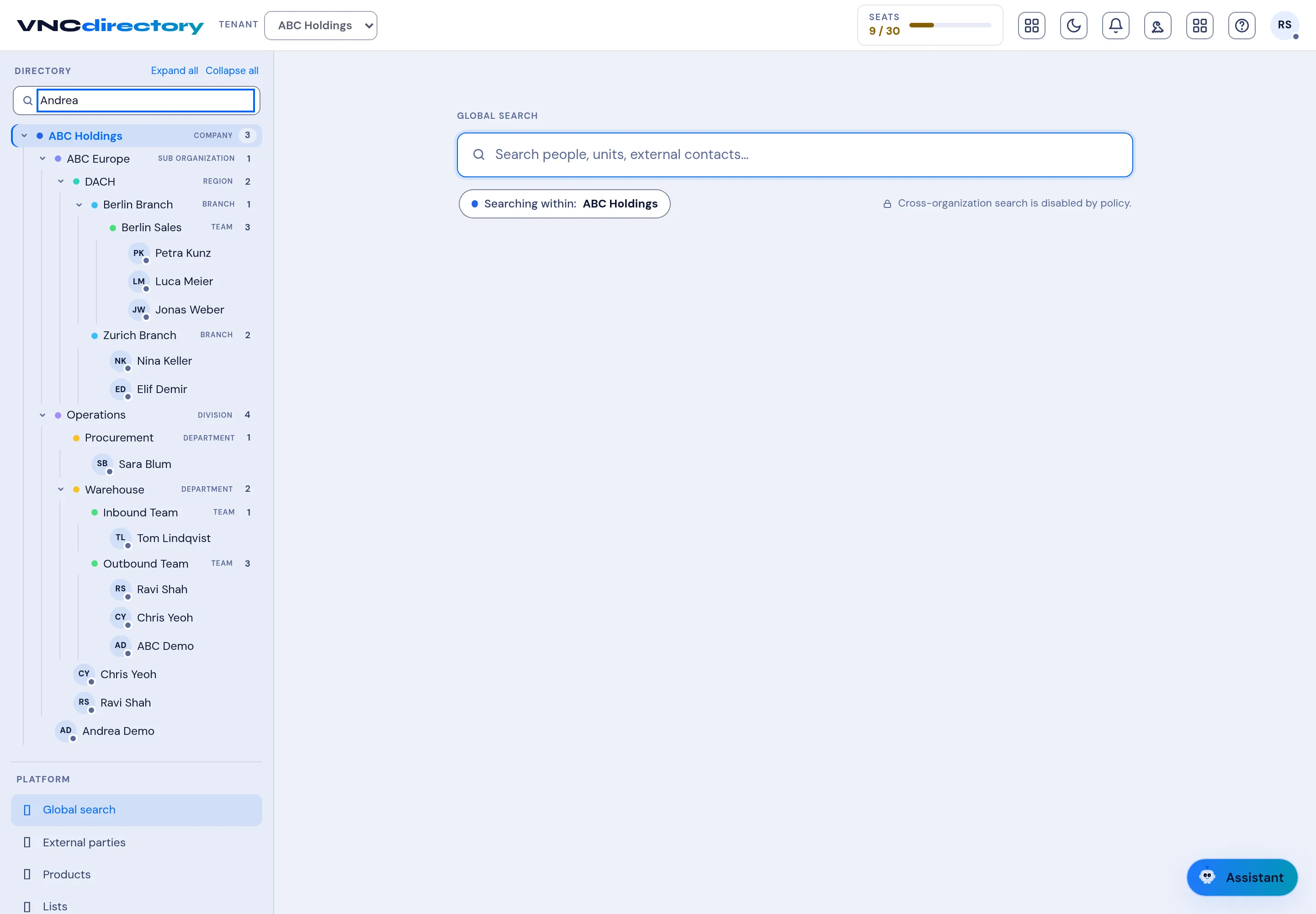 Global search in VNCdirectory+, showing the search scope badge