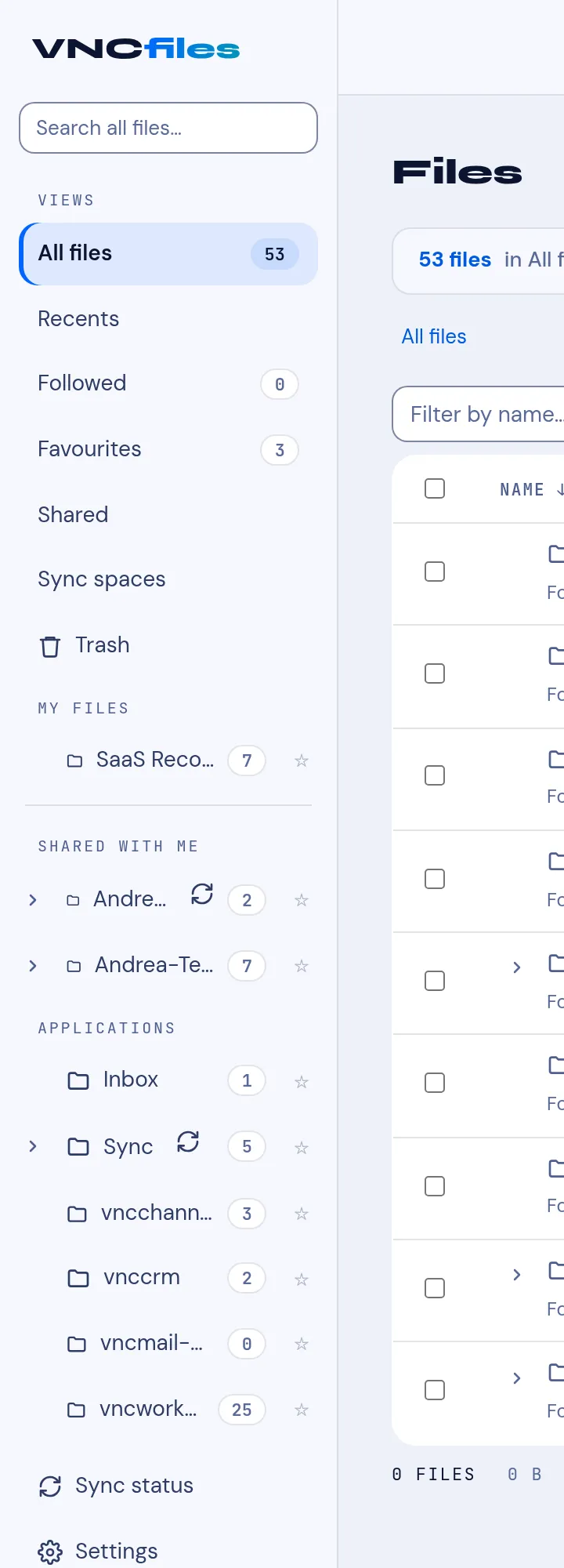 The VNCfiles sidebar: Views, Sync & devices, My files, Shared with me and Applications