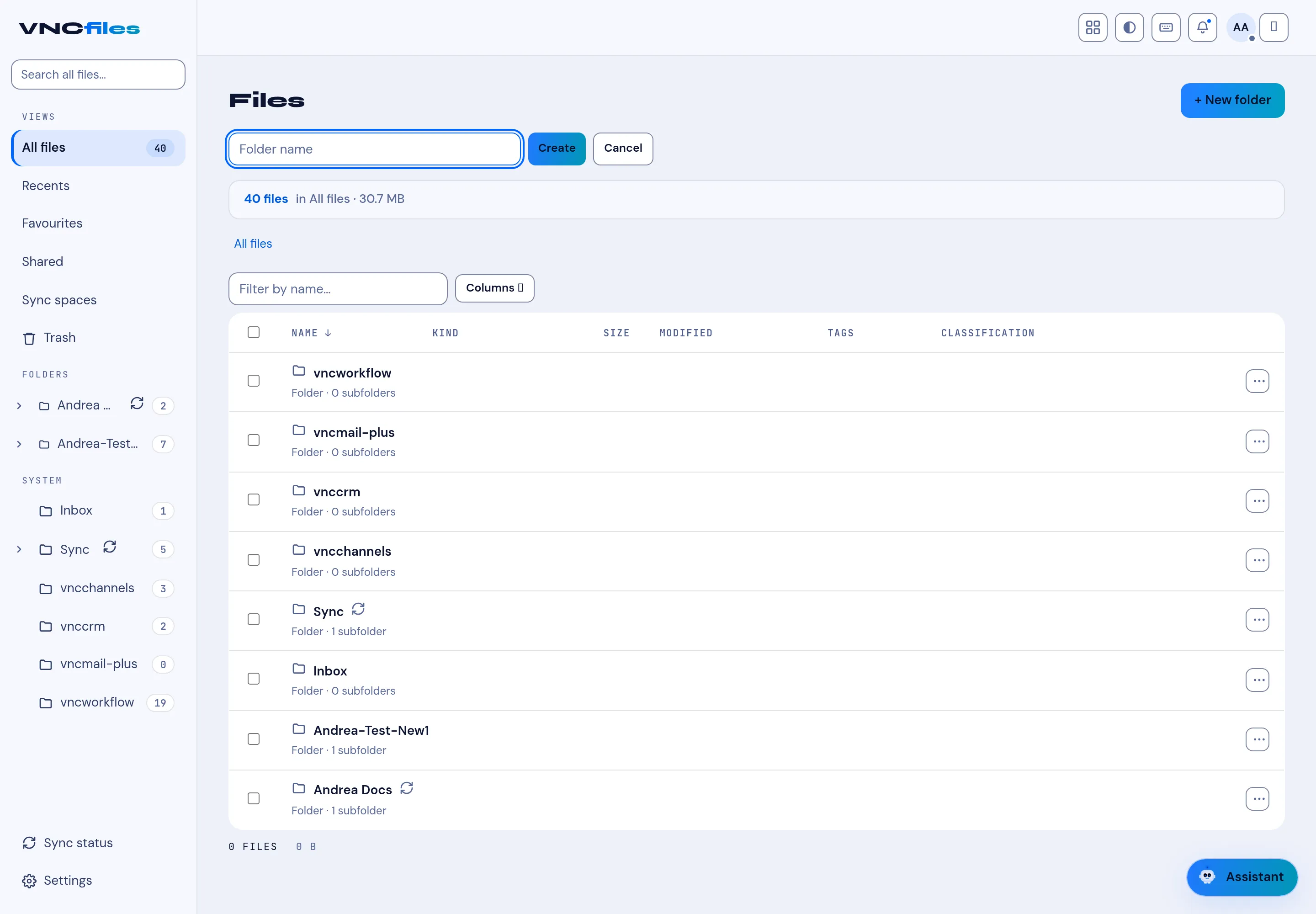The Files list with the New folder name field open