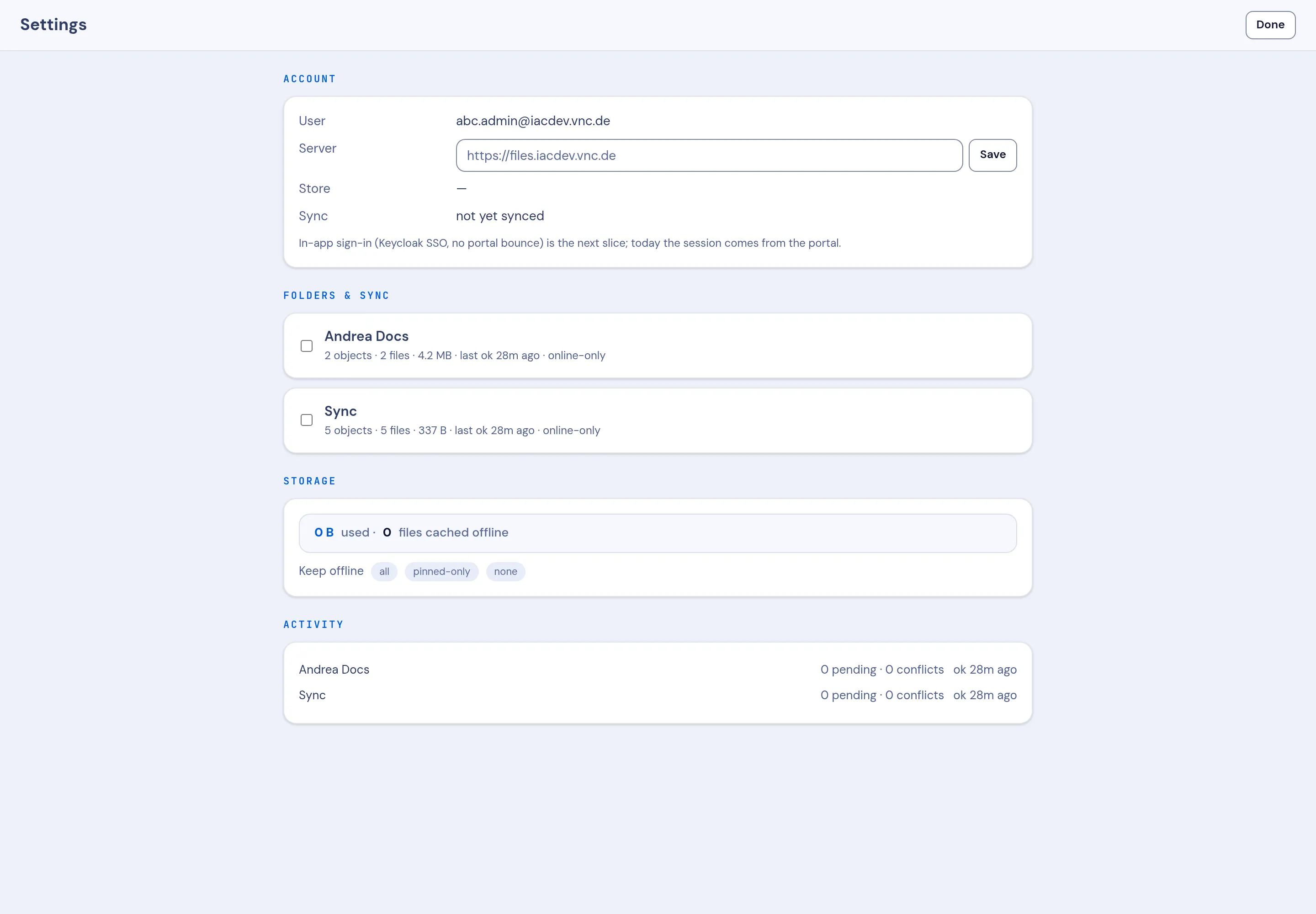 The VNCfiles settings with folders, storage and activity