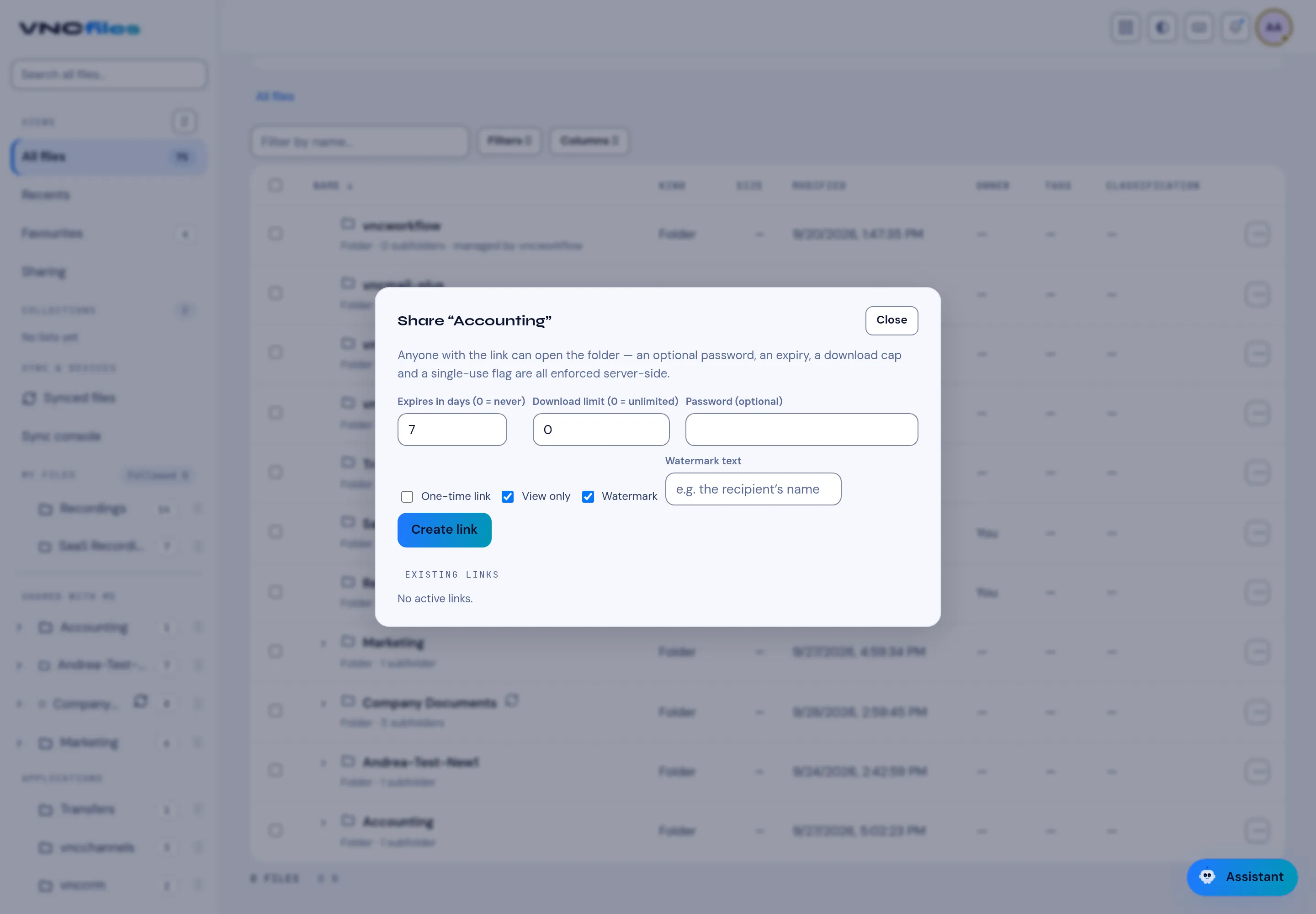Sharing a folder by link, with the password, expiry, download cap, single-use, View only and Watermark options