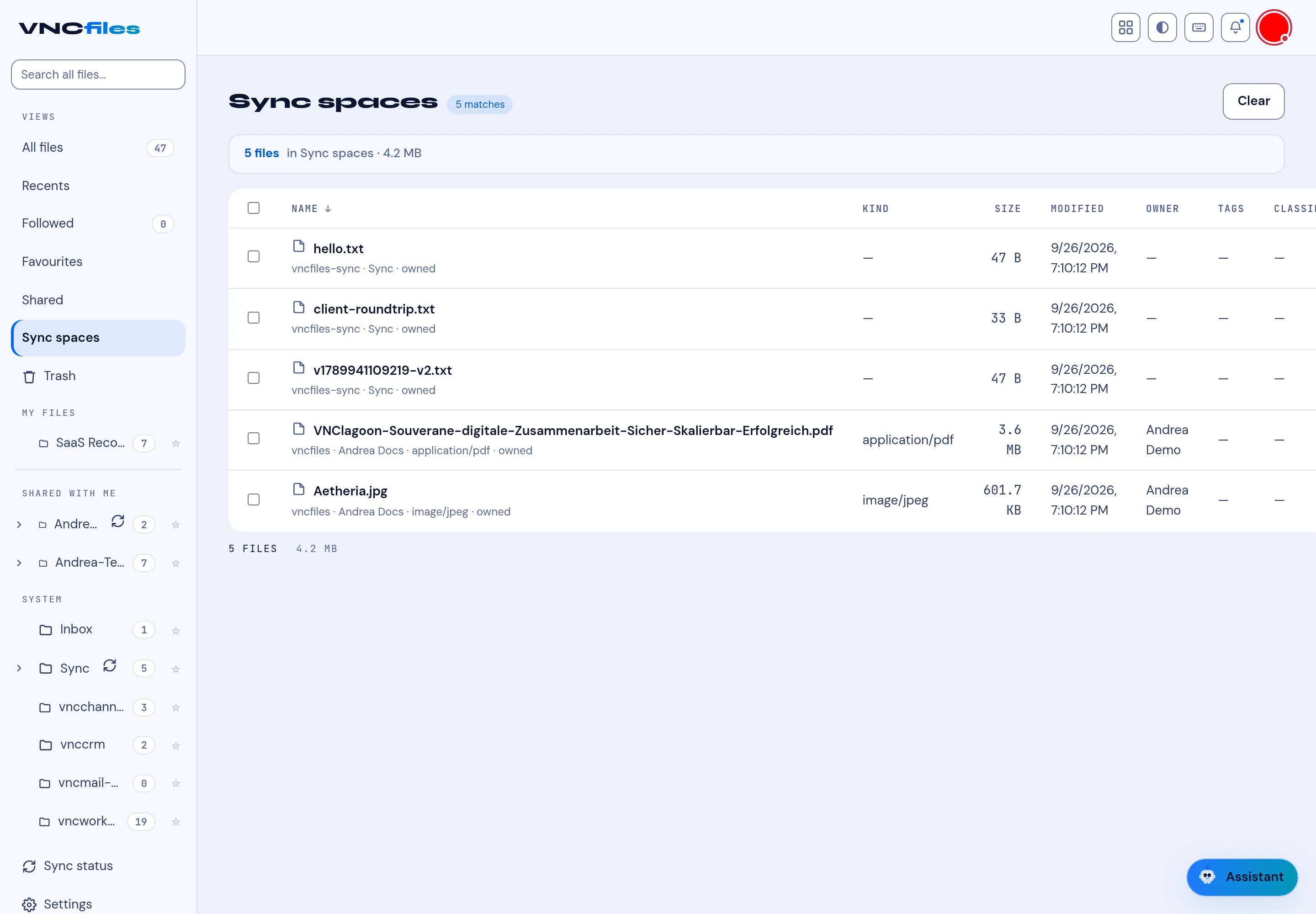 The Synced files view with spaces, columns and sidebar groups