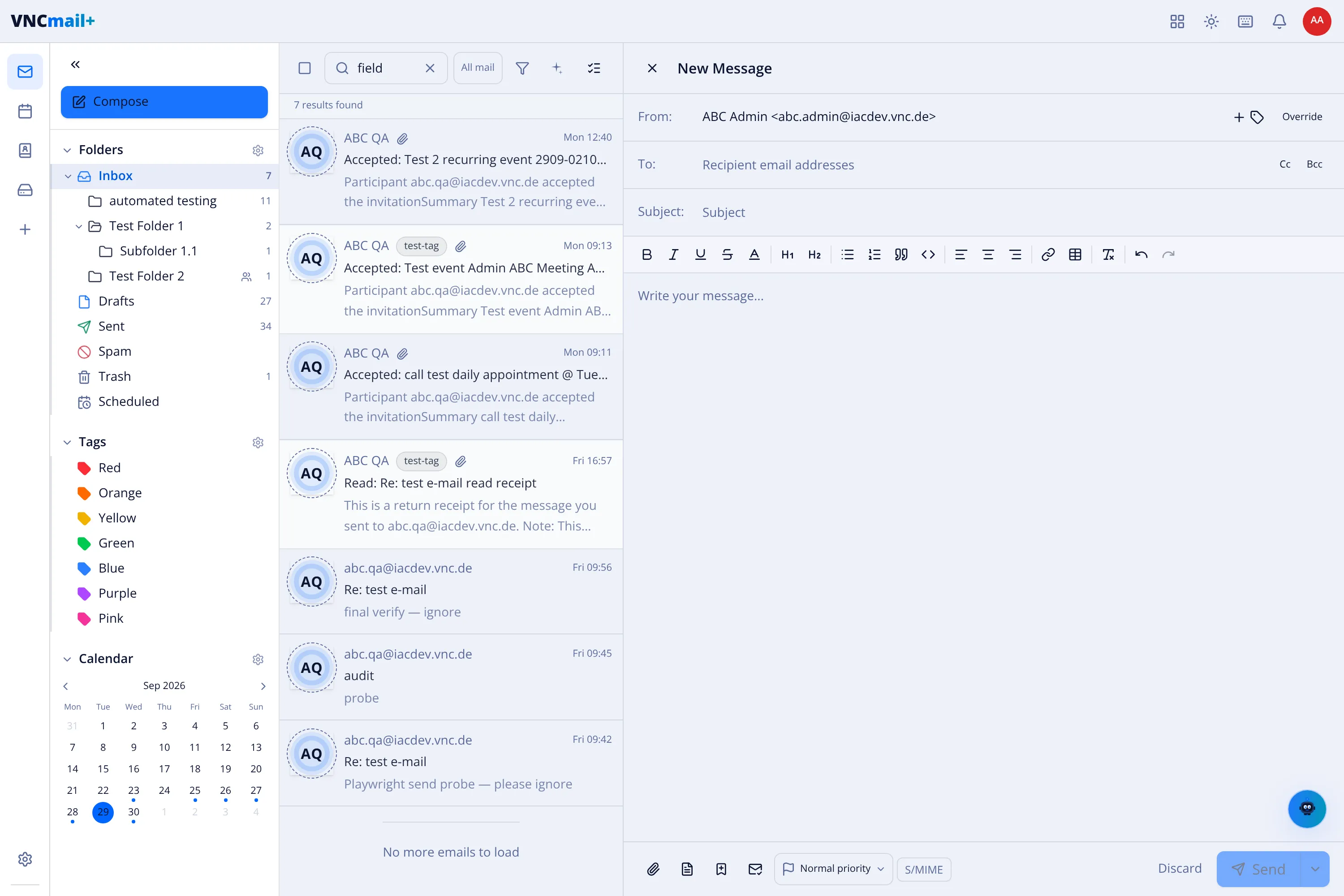 The VNCmail+ compose window with its toolbar and footer