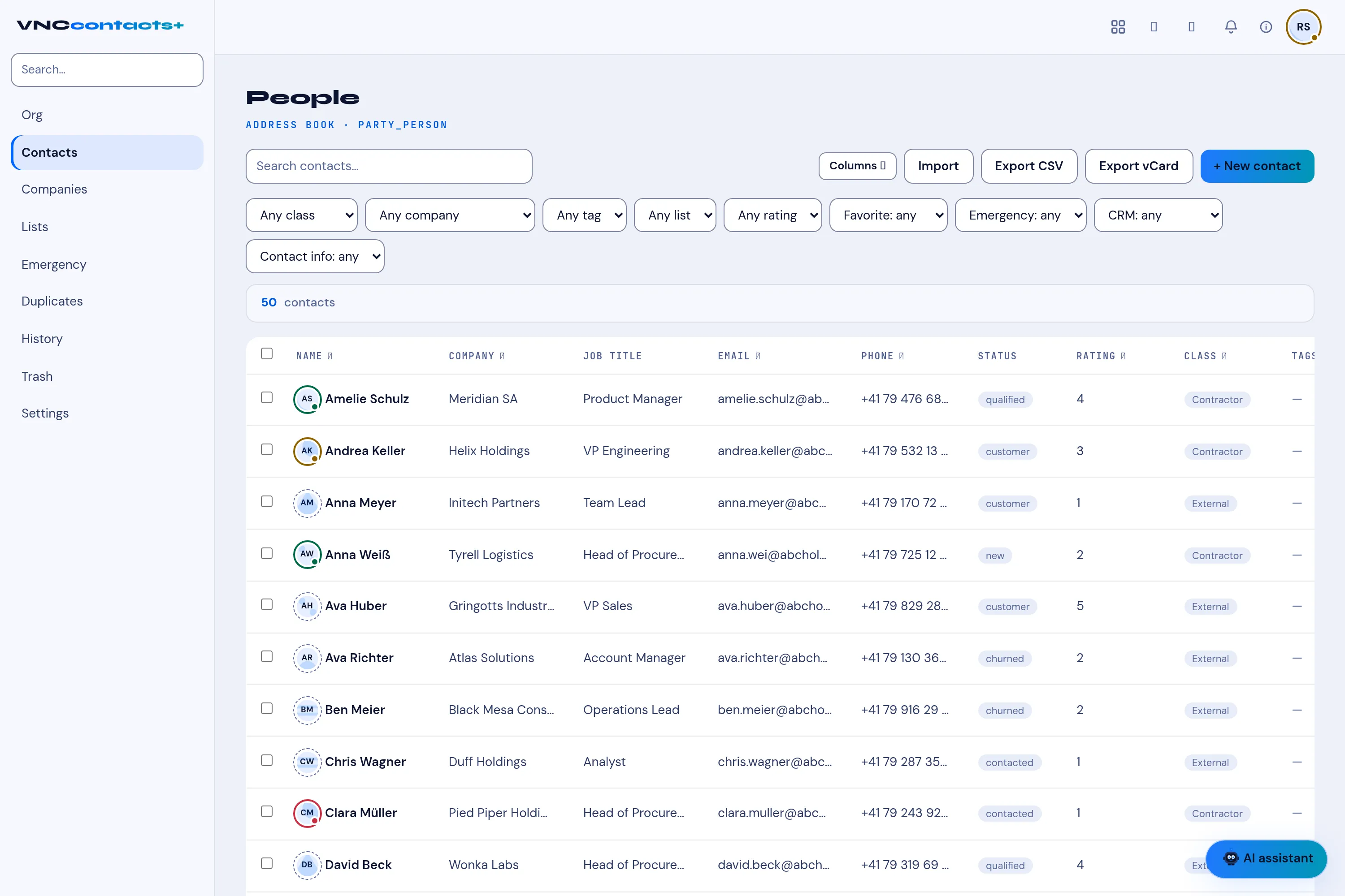 The Contacts app with address books, categories and the contact list