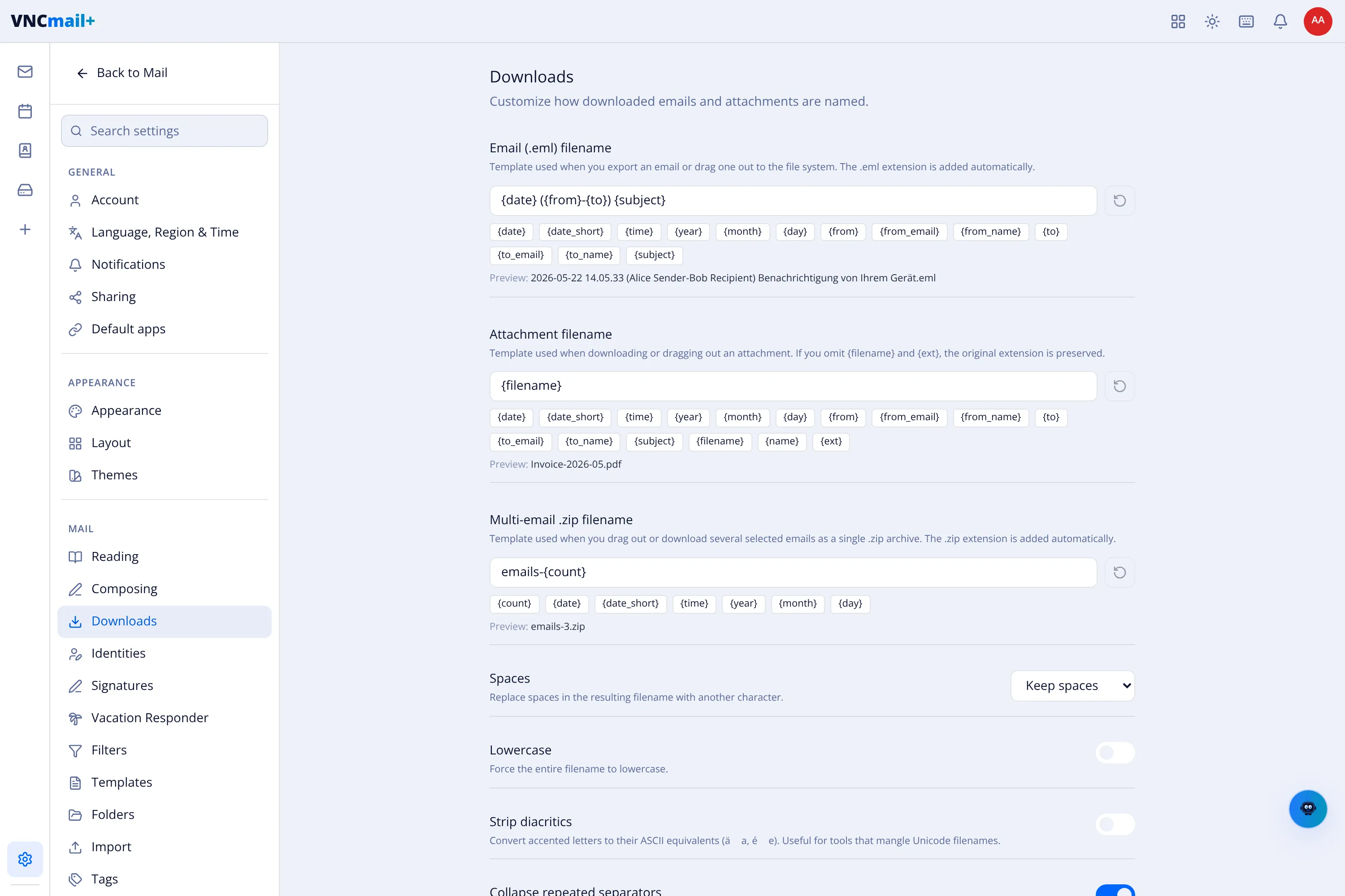 The Downloads settings with filename templates, tokens and cleanup options