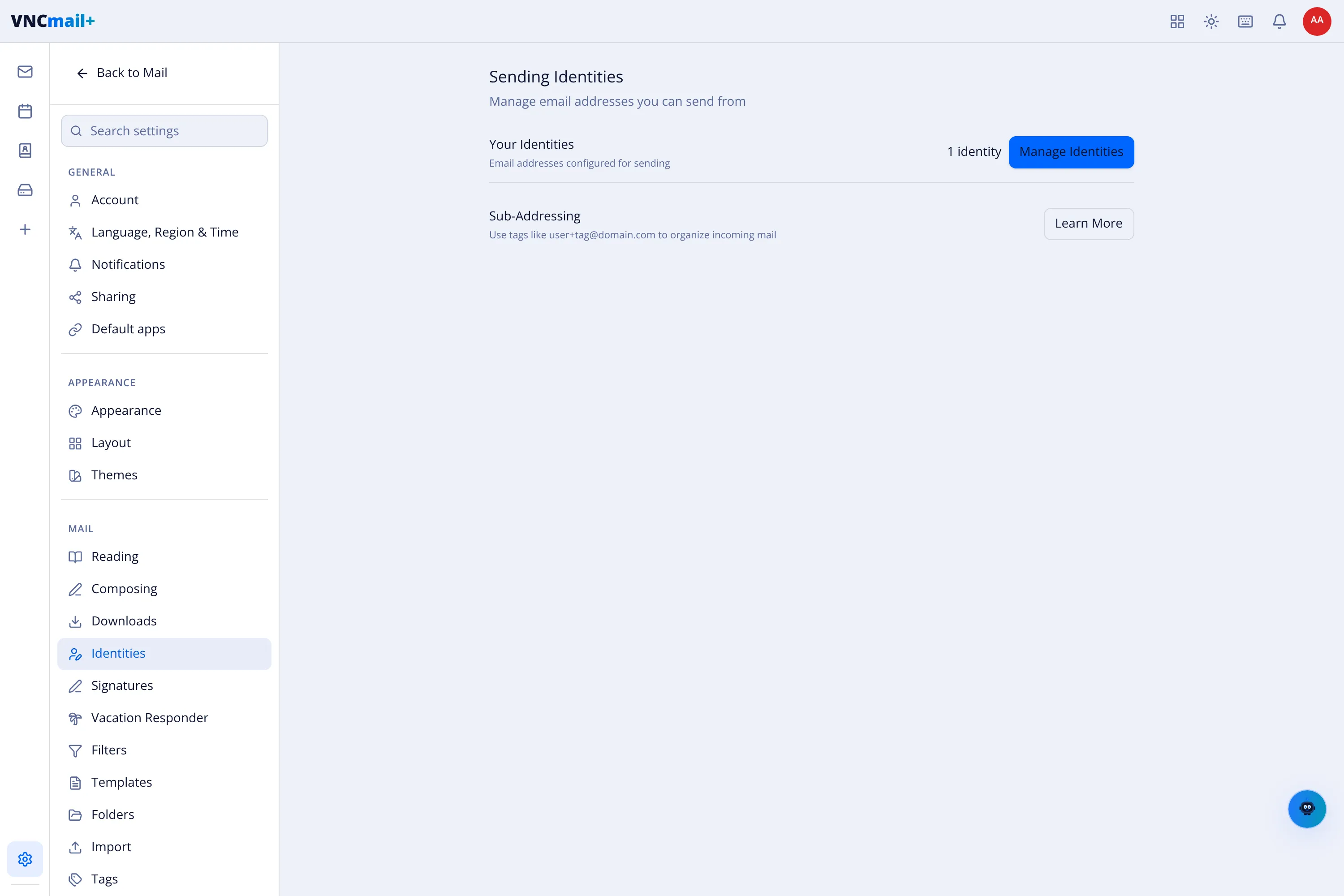 The Sending Identities settings with identities and sub-addressing