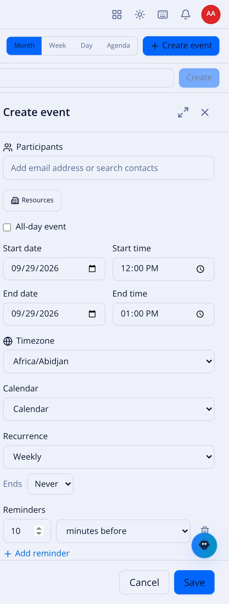 The event form with Recurrence set to Weekly and the Reminders section