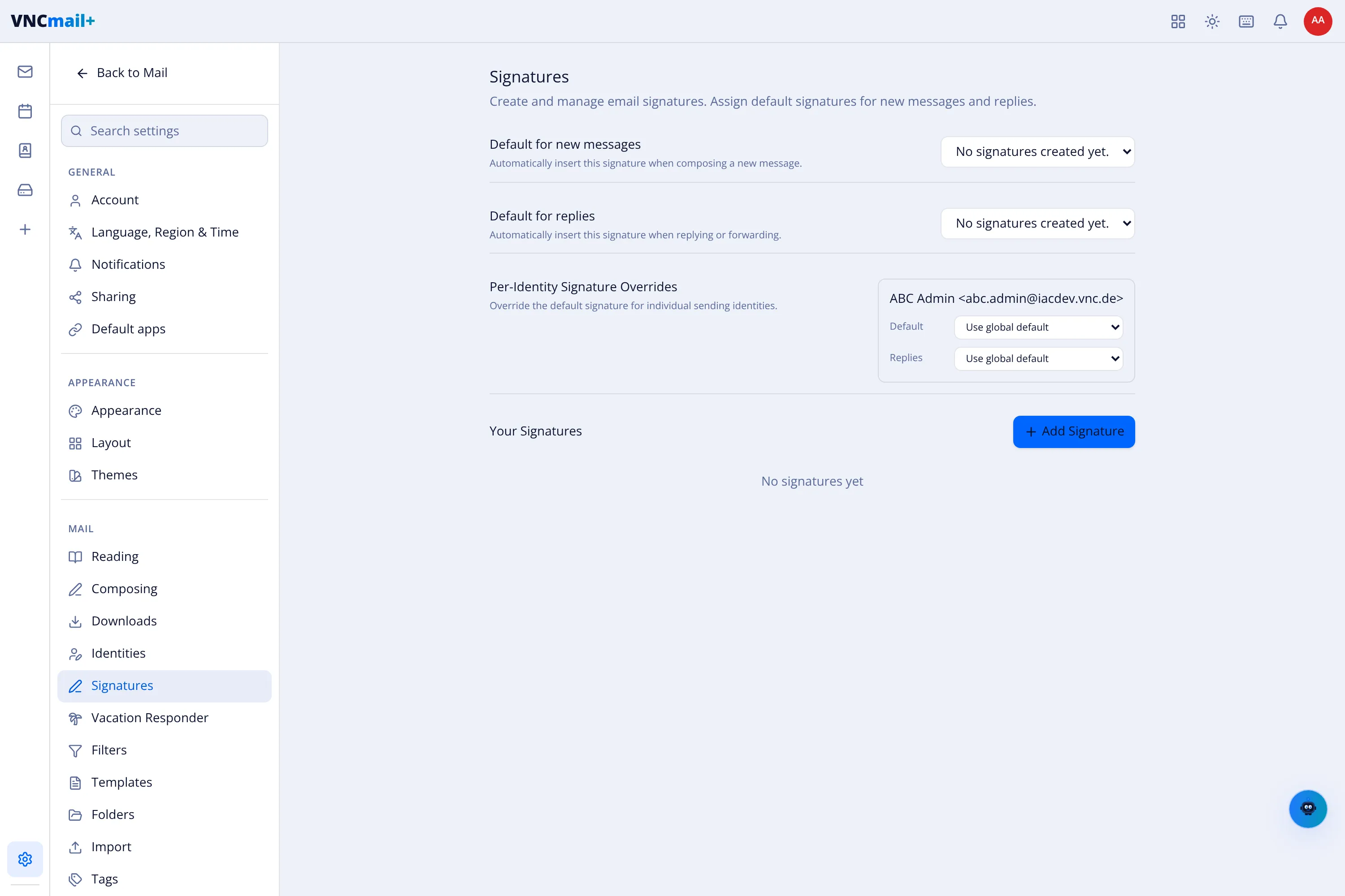 The Signatures settings with defaults and per-identity overrides
