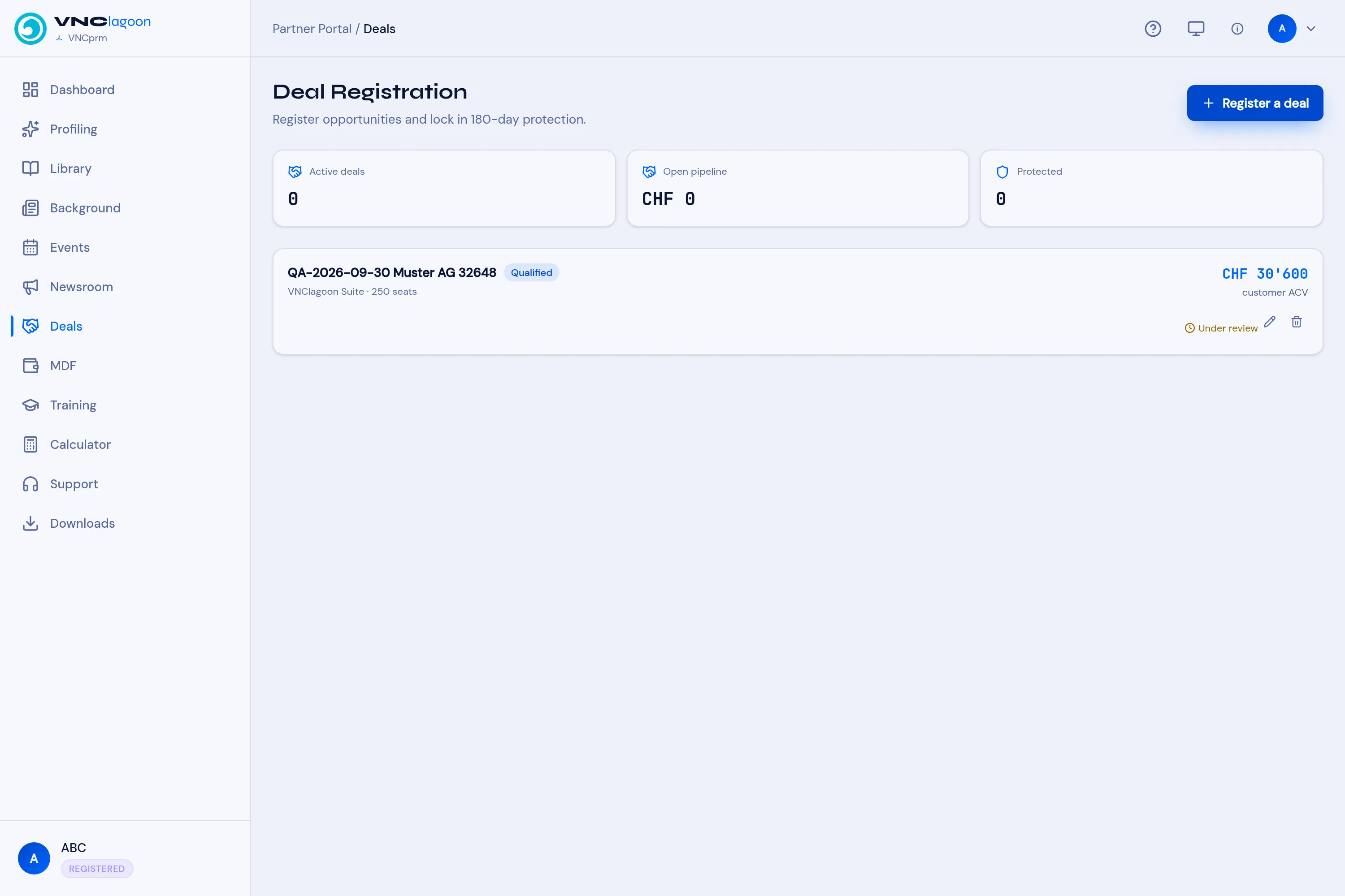 The Deals page with a registered deal and its edit and withdraw actions