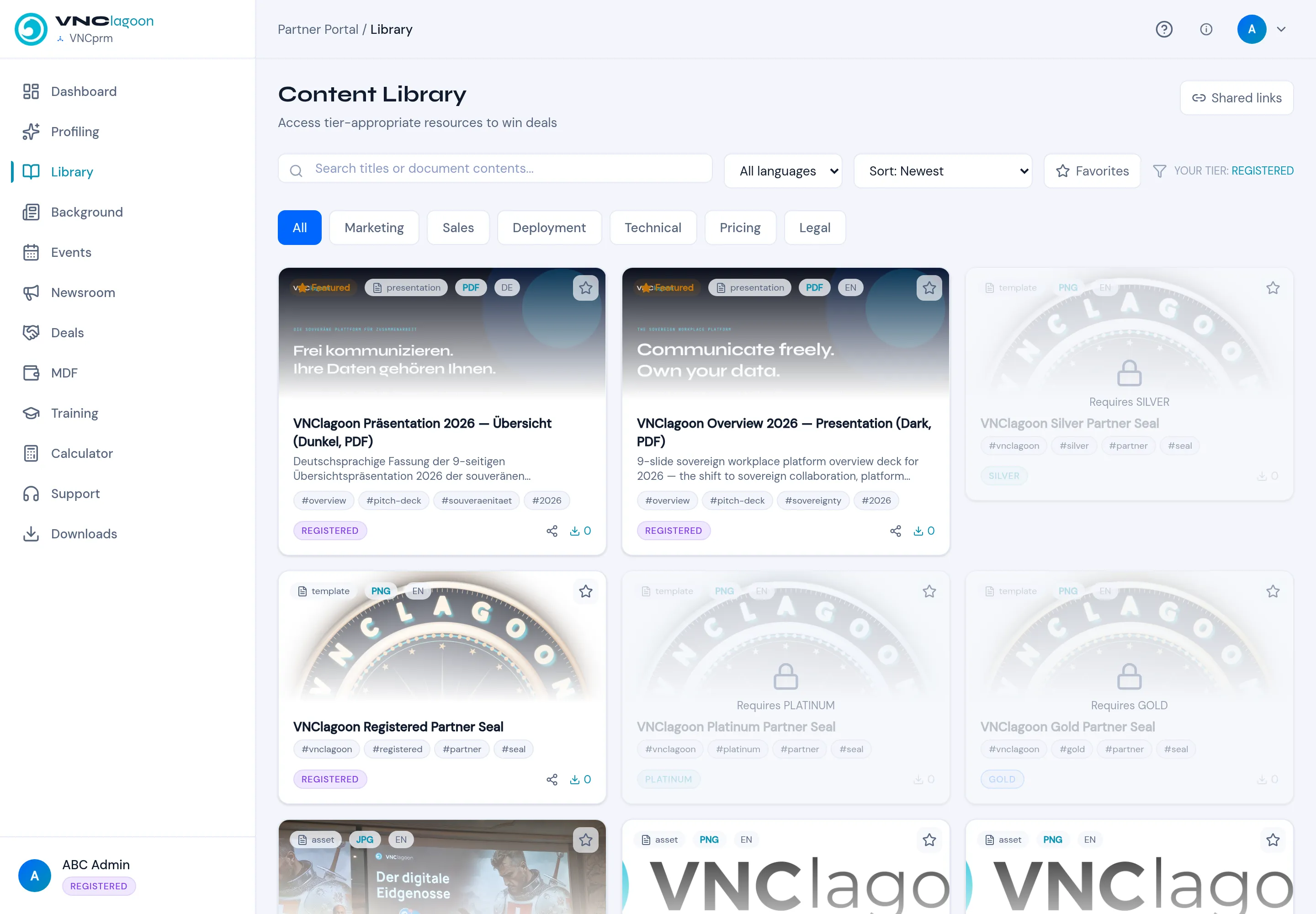 The Content Library with filters and tiered asset cards