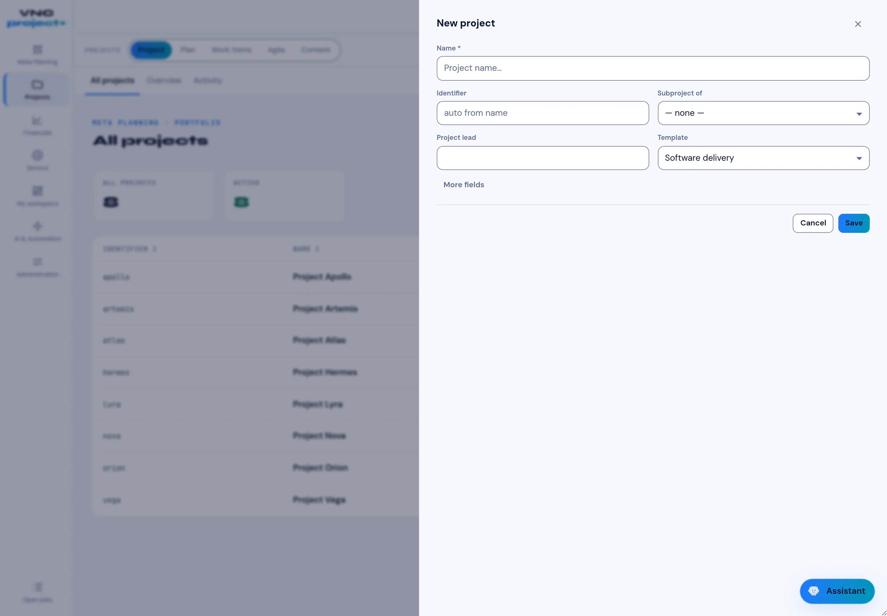 The New project form with name, identifier, lead and template