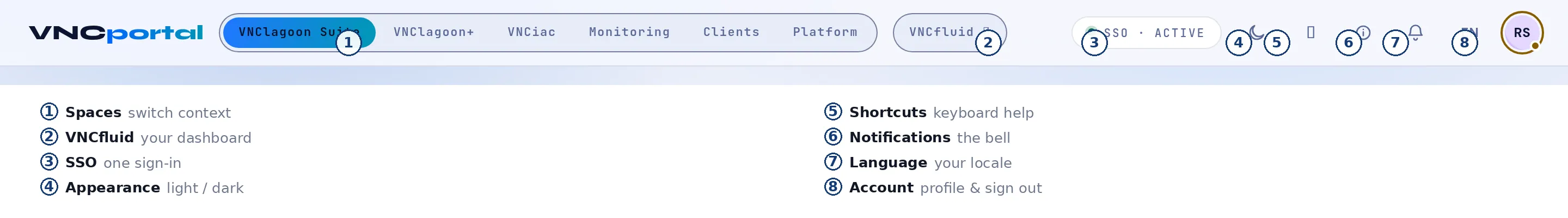 The shared top bar: spaces, VNCfluid, SSO, Appearance, shortcuts, notifications, language and your account