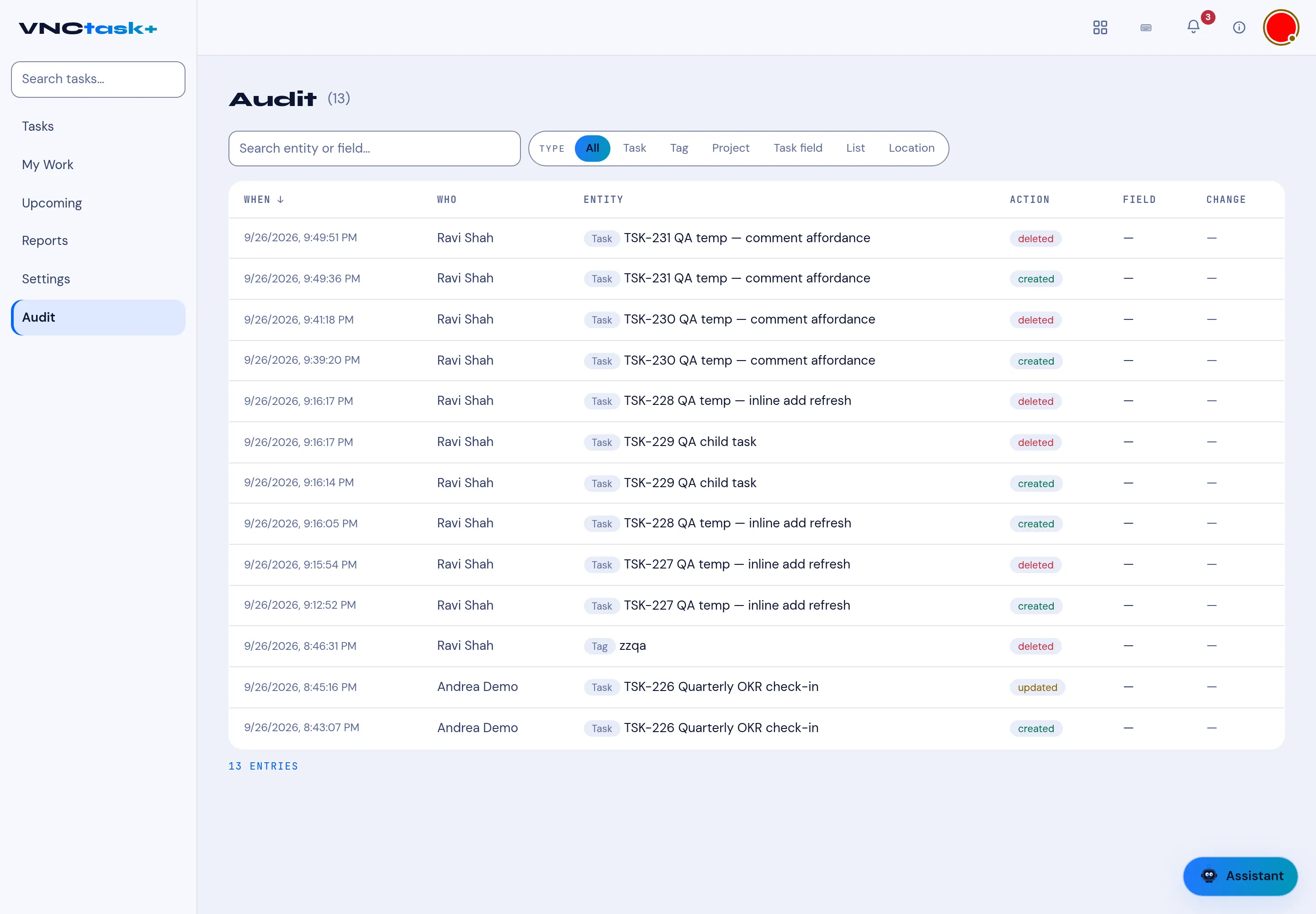 The audit log with the filters and the change table
