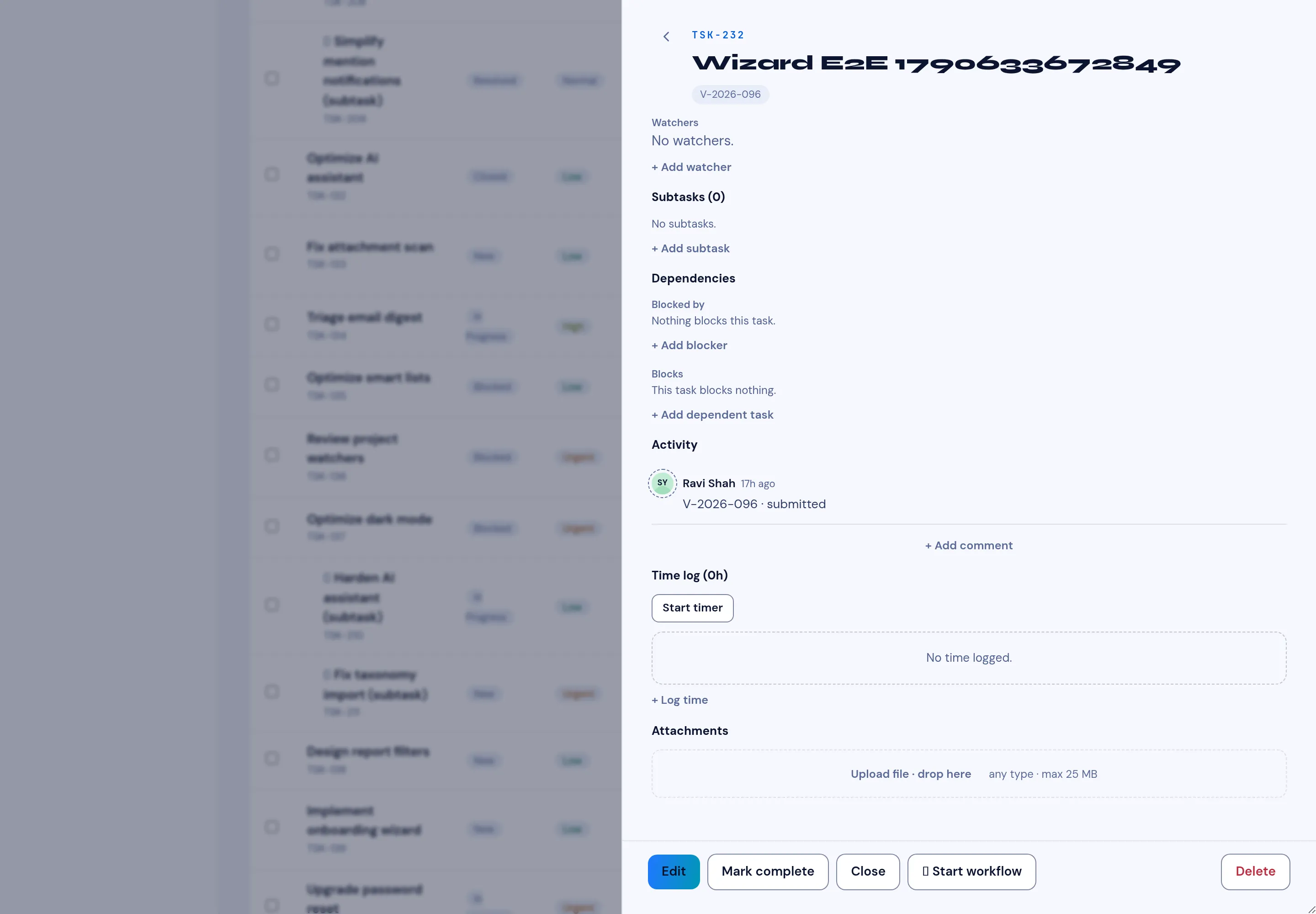 The task’s Activity timeline showing the VNCworkflow journey — V-2026-096 · submitted