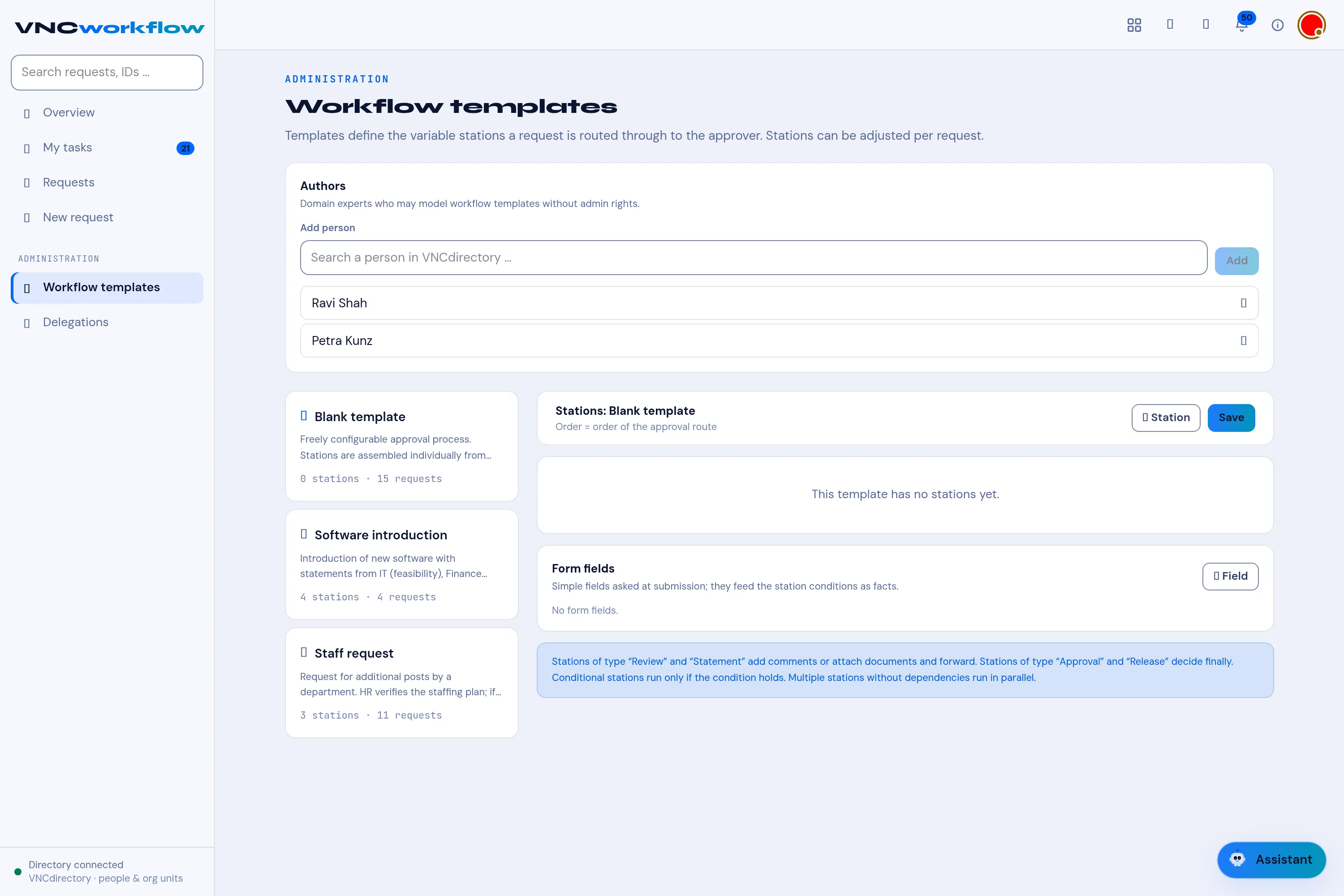 The Workflow templates administration with authors, templates and the station editor